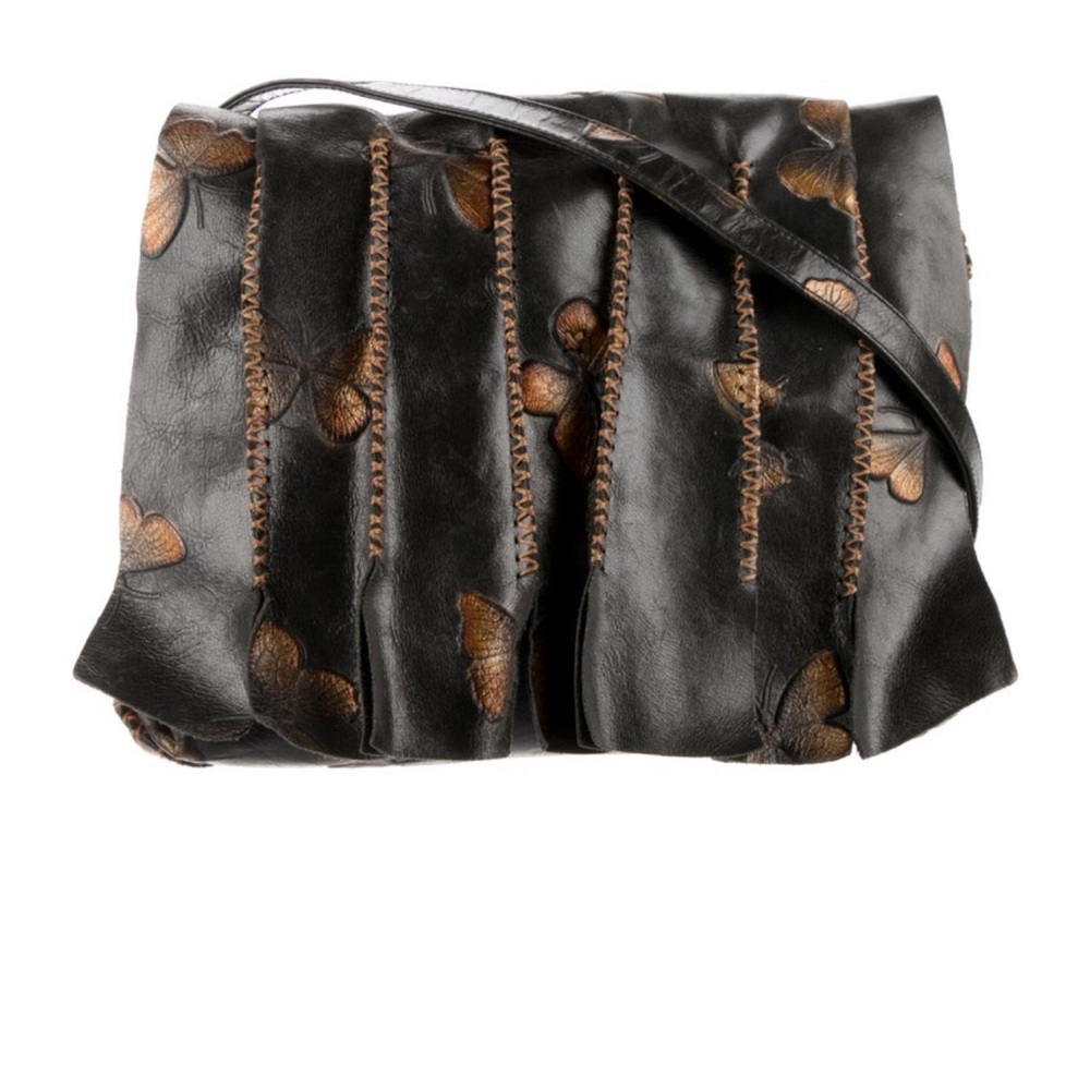 Carlos Falchi Black and Bronze Butterfly Embossed Leather crossbody Bag pb/br 80